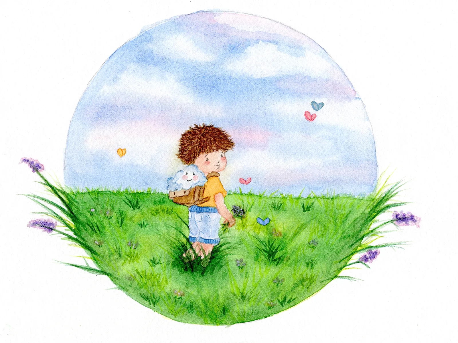 Watercolour illustration of a boy and a cloud walking together with a backpack