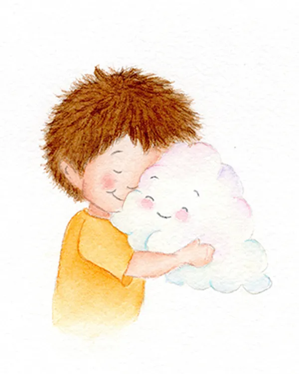 Watercolour illustration of a boy hugging a cloud