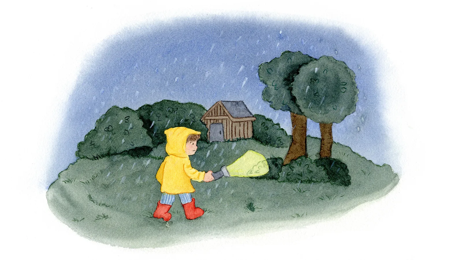 Spread from the picture book: a boy in the rain in the garden