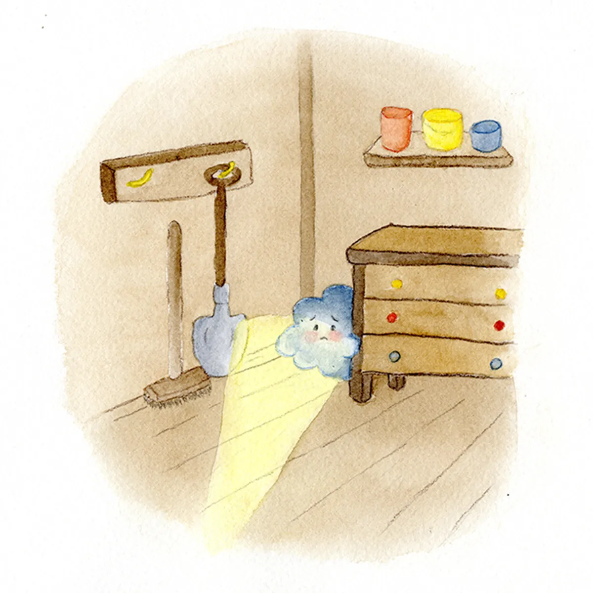 Illustration of a frightened cloud hiding in a shed
