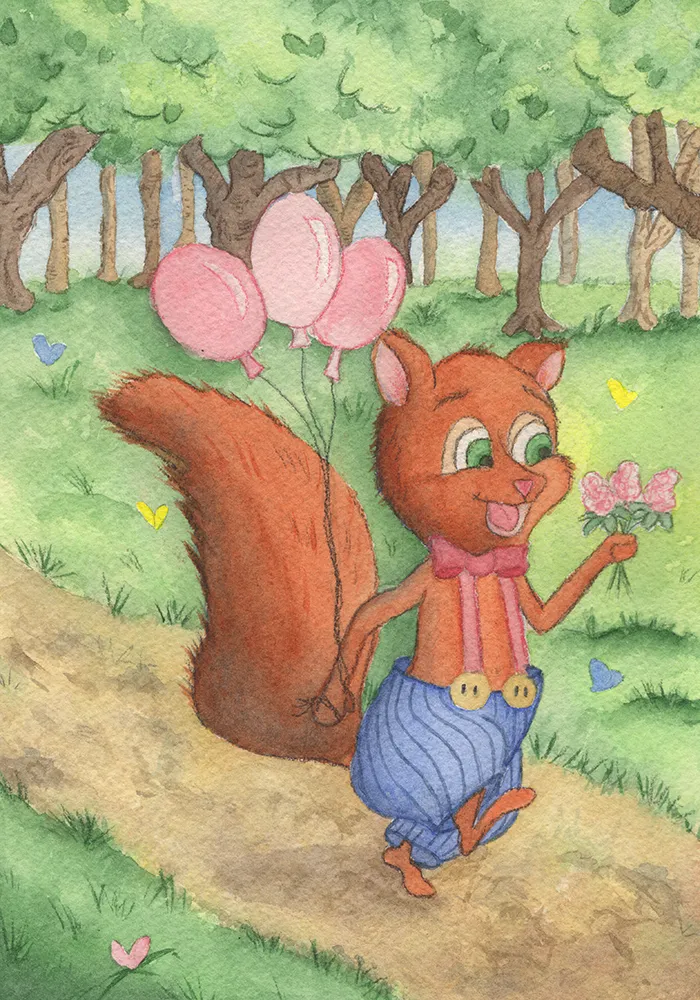 Squirrel walking with pink balloons and a flower