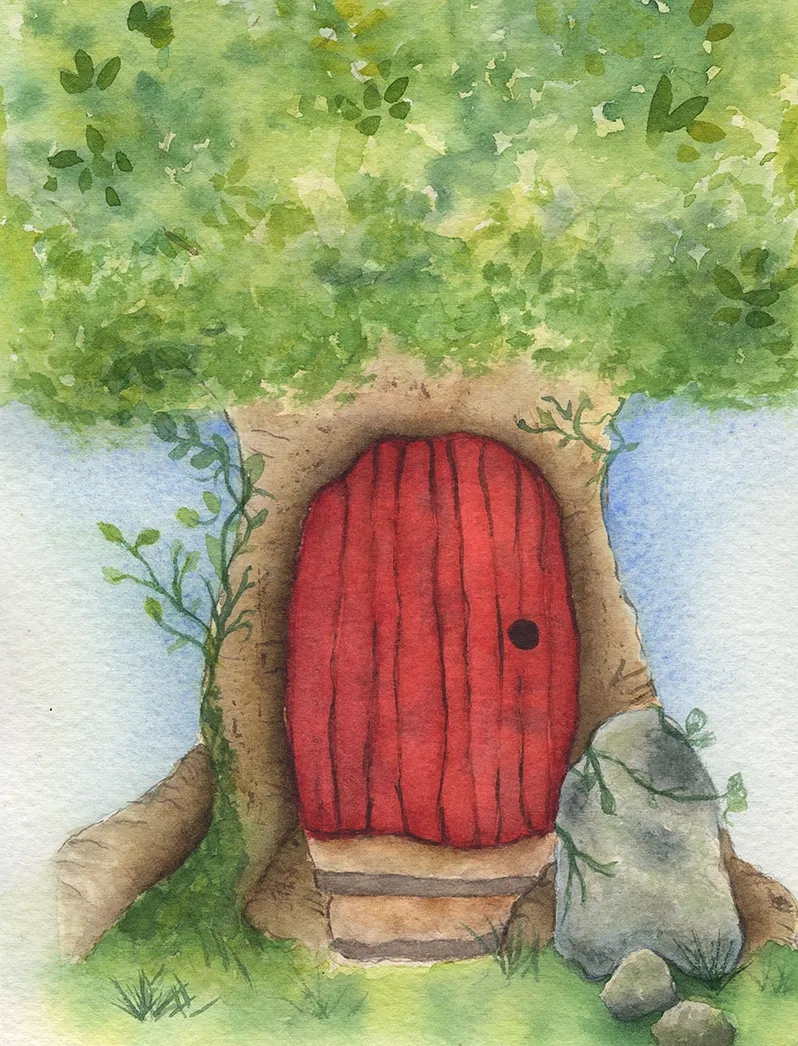 Watercolour of a small door in a tree trunk