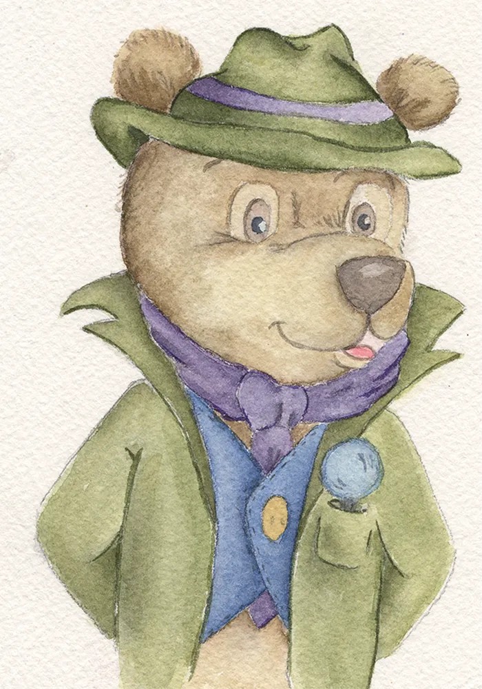 Watercolour bear character wearing a hat and scarf