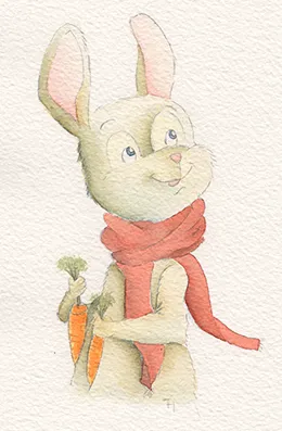 Watercolour rabbit with a red scarf holding a carrot